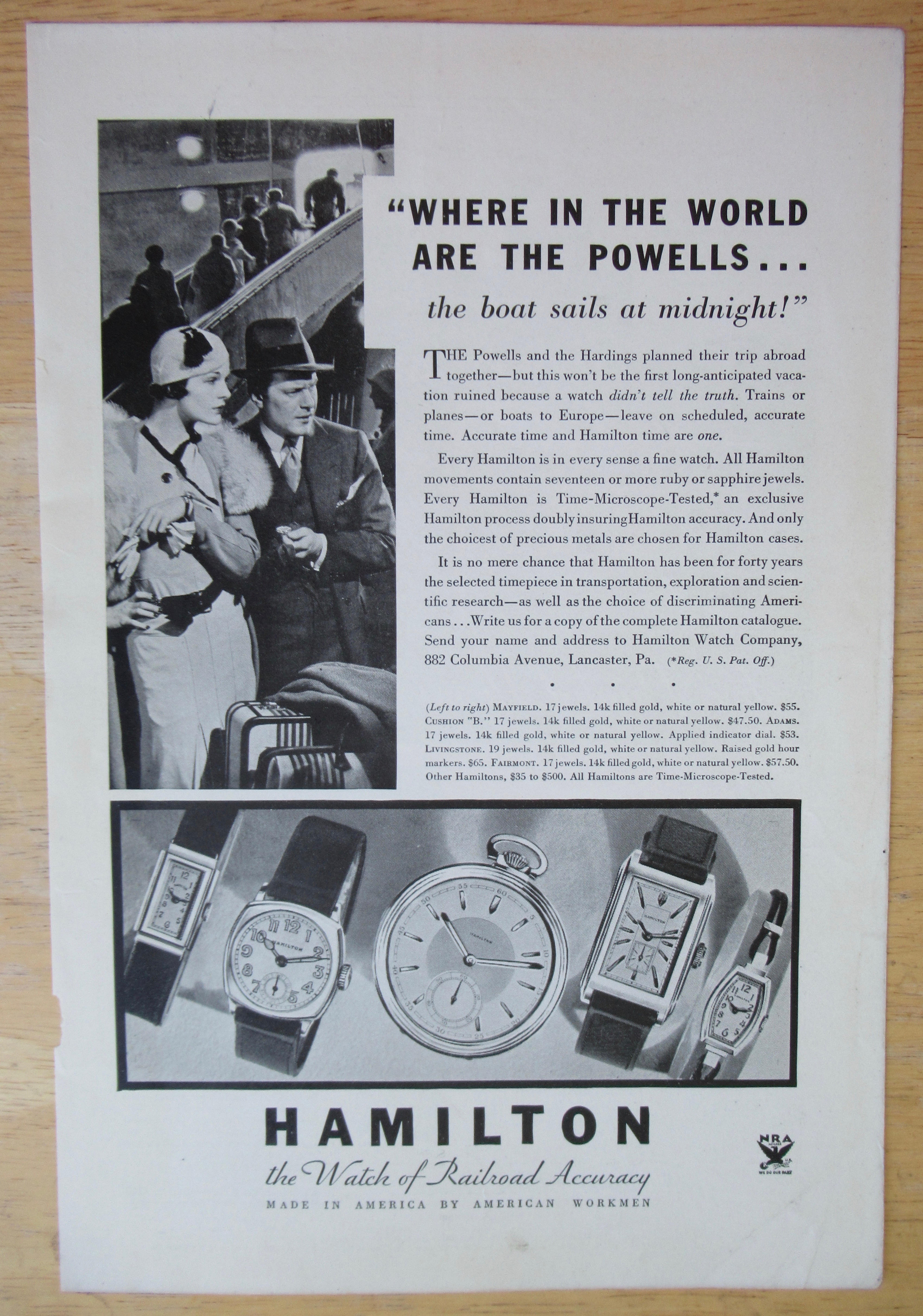 1934 Hamilton Watches with Man & Woman Traveling