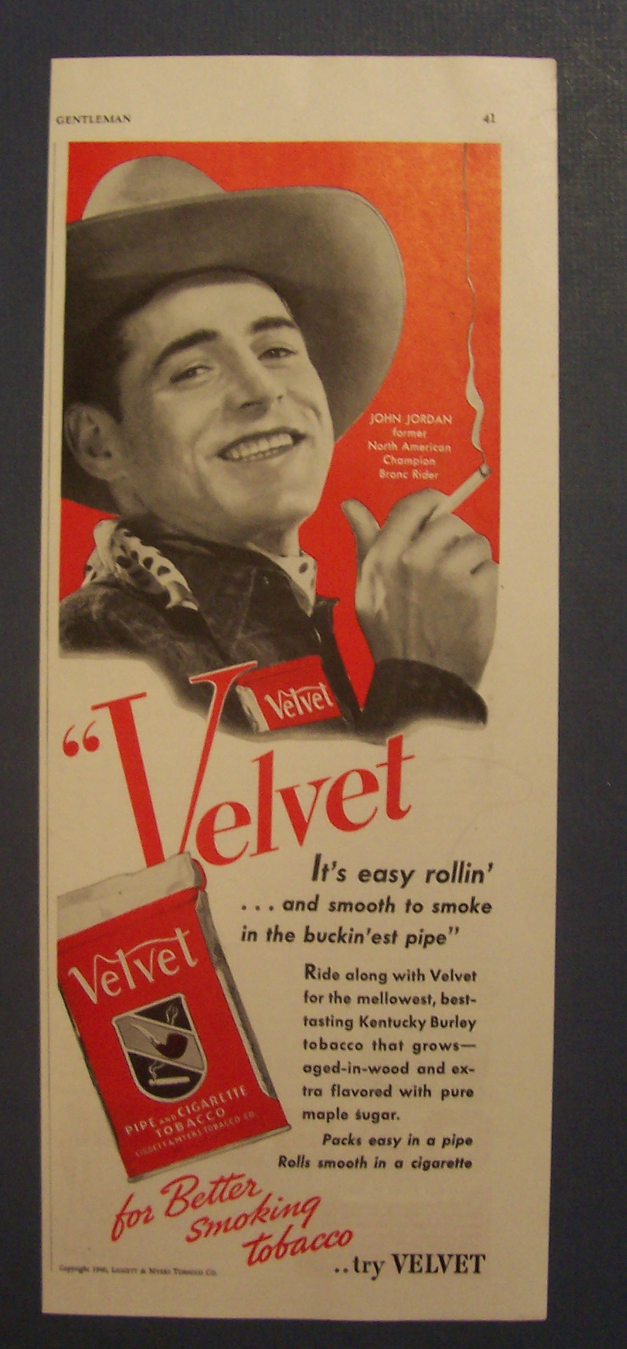 Vintage Ad:1940 Velvet Cigarette Tobacco w/ John Jordan