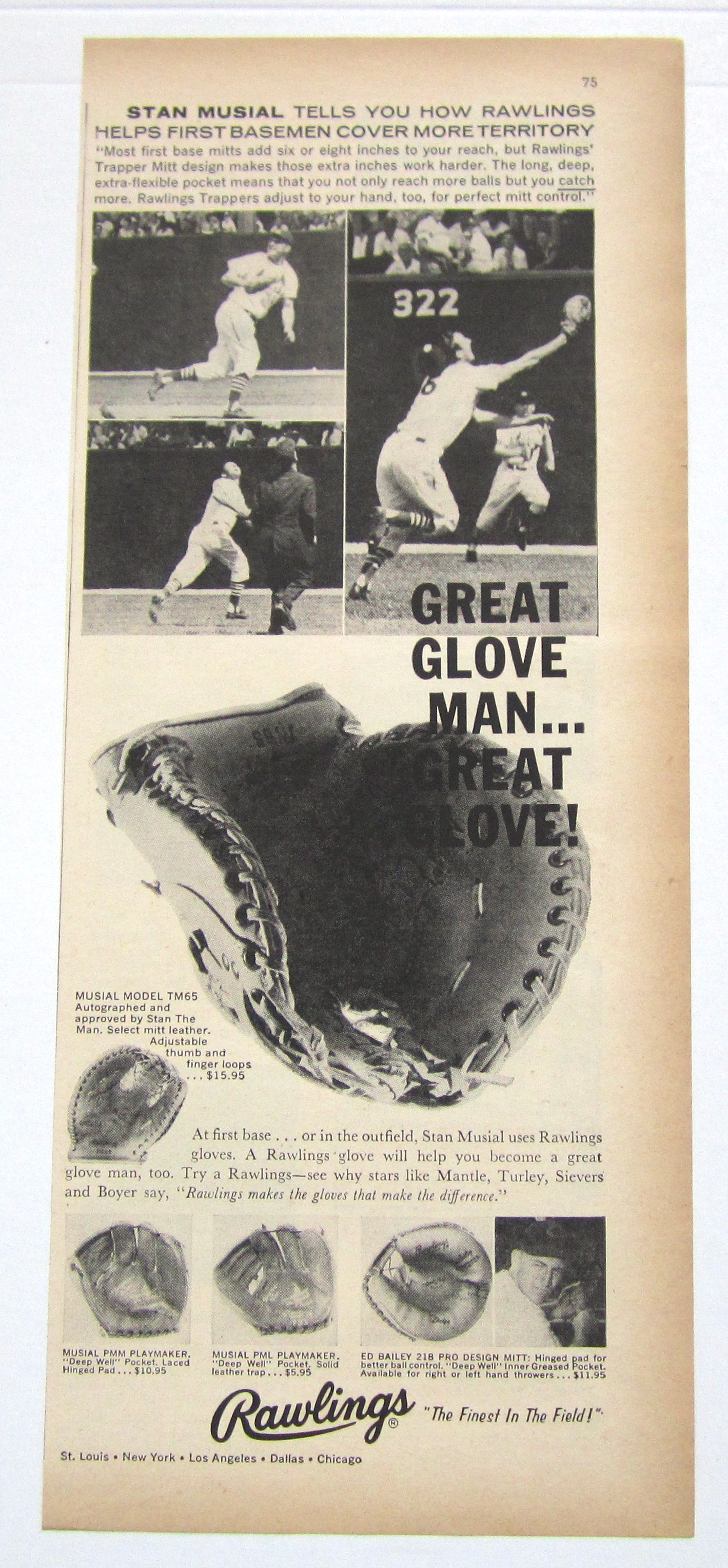 1959 Vintage Rawlings Baseball Glove With Stan Musial
