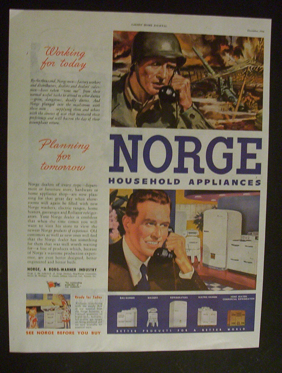 1944 Norge Household Appliances w/Man At War & Home