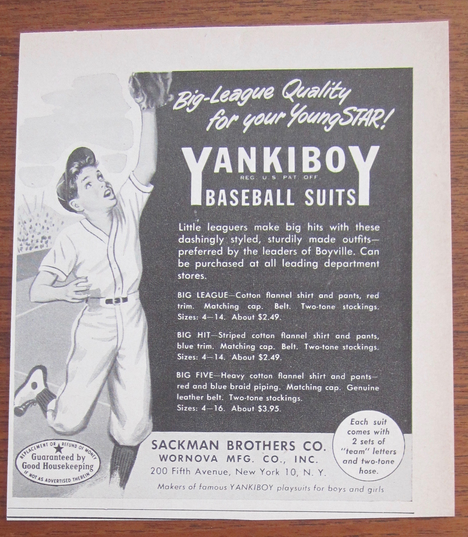 1951 Yankiboy Baseball Suits with Boy Catching Ball