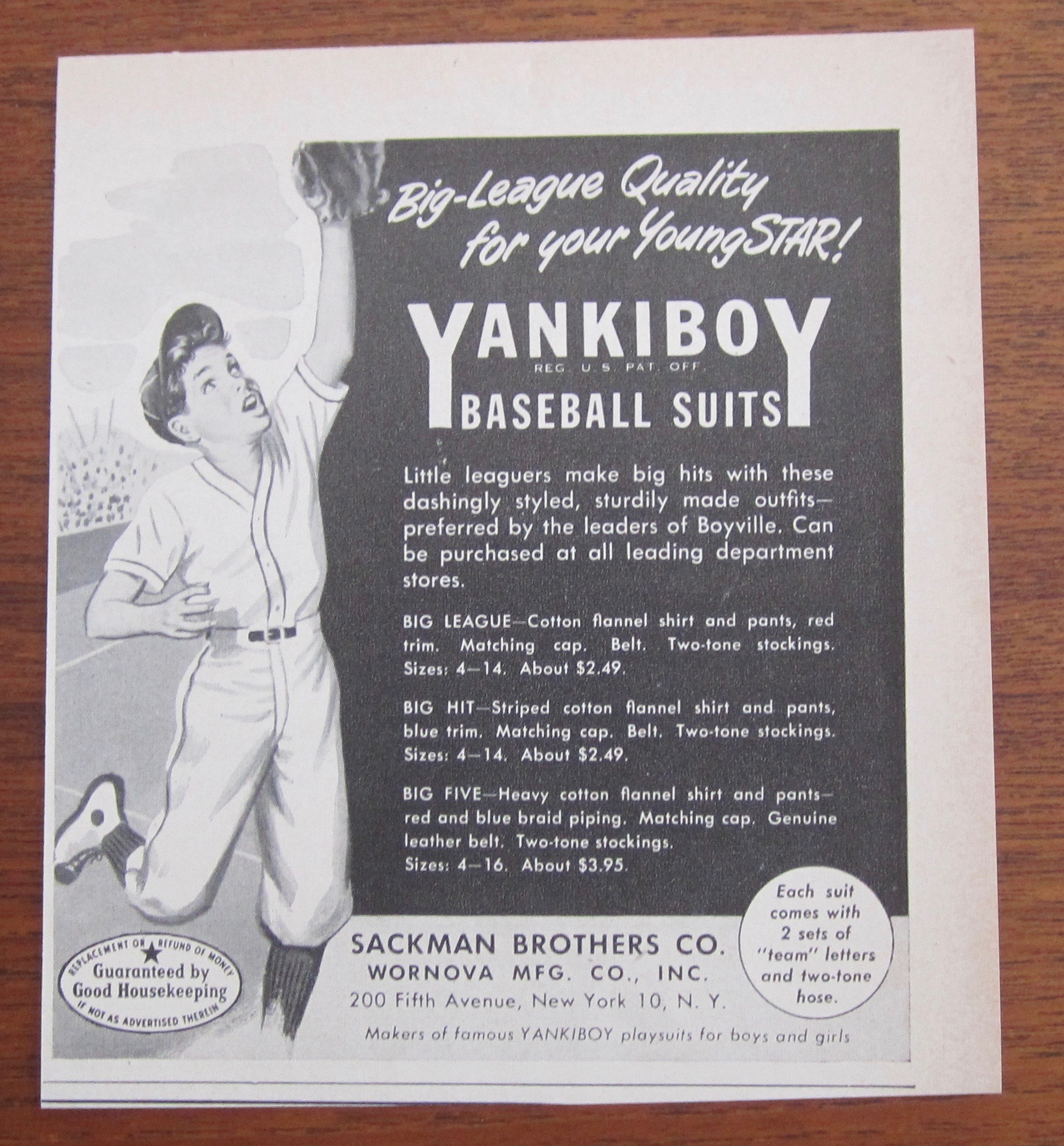 1951 Yankiboy Baseball Suits with Boy Catching Ball
