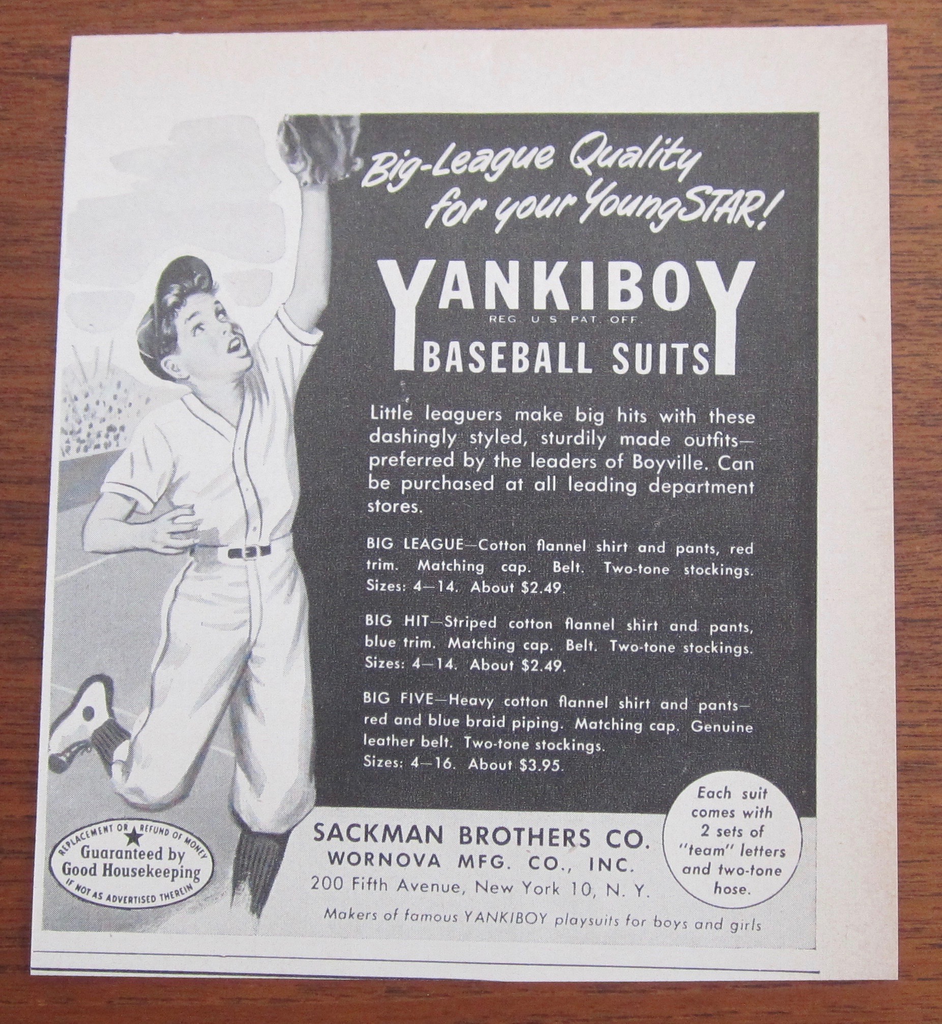 1951 Yankiboy Baseball Suits with Boy Catching Ball