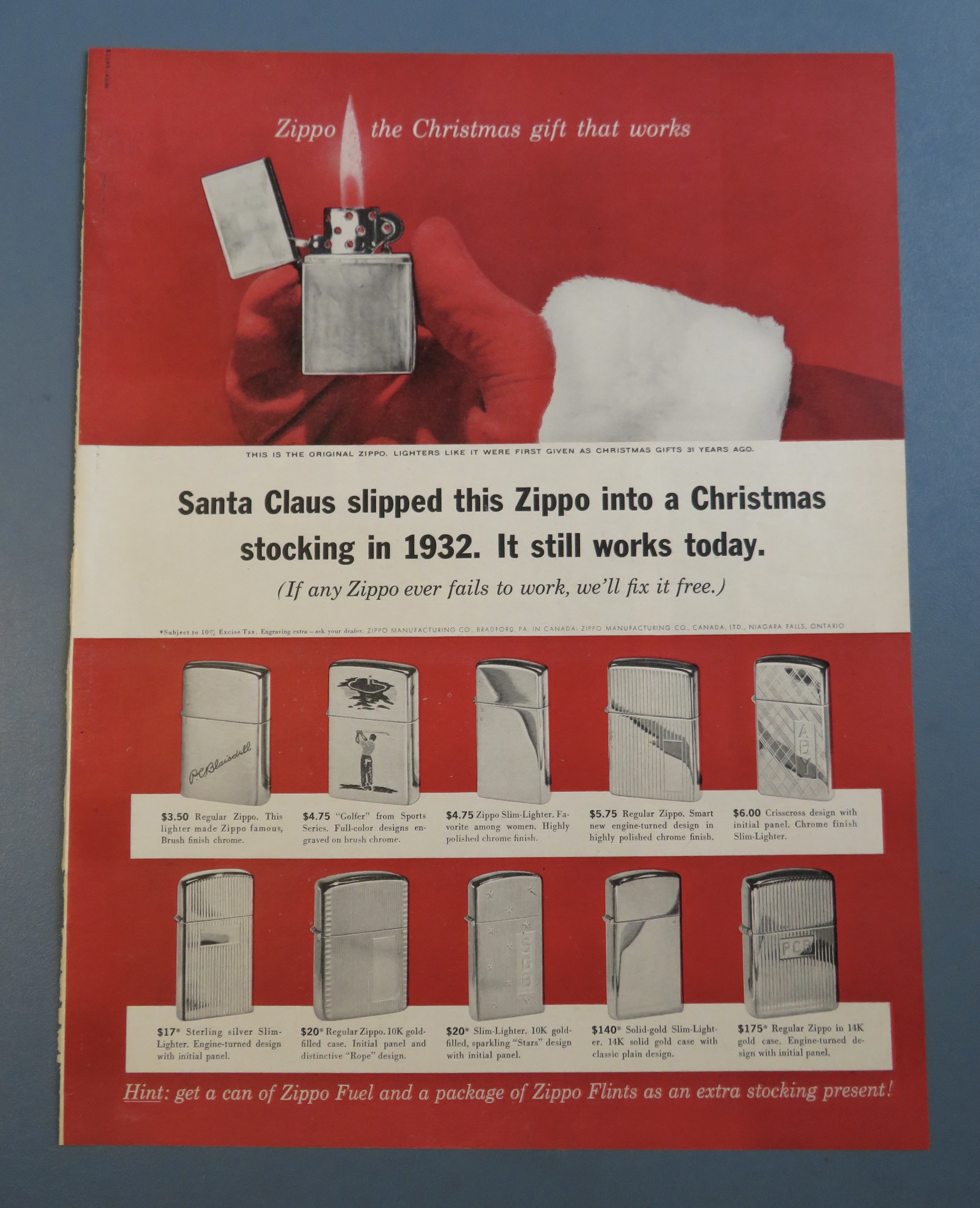 1963 Zippo Lighter w/ Santa Claus' Hand Holding Lighter