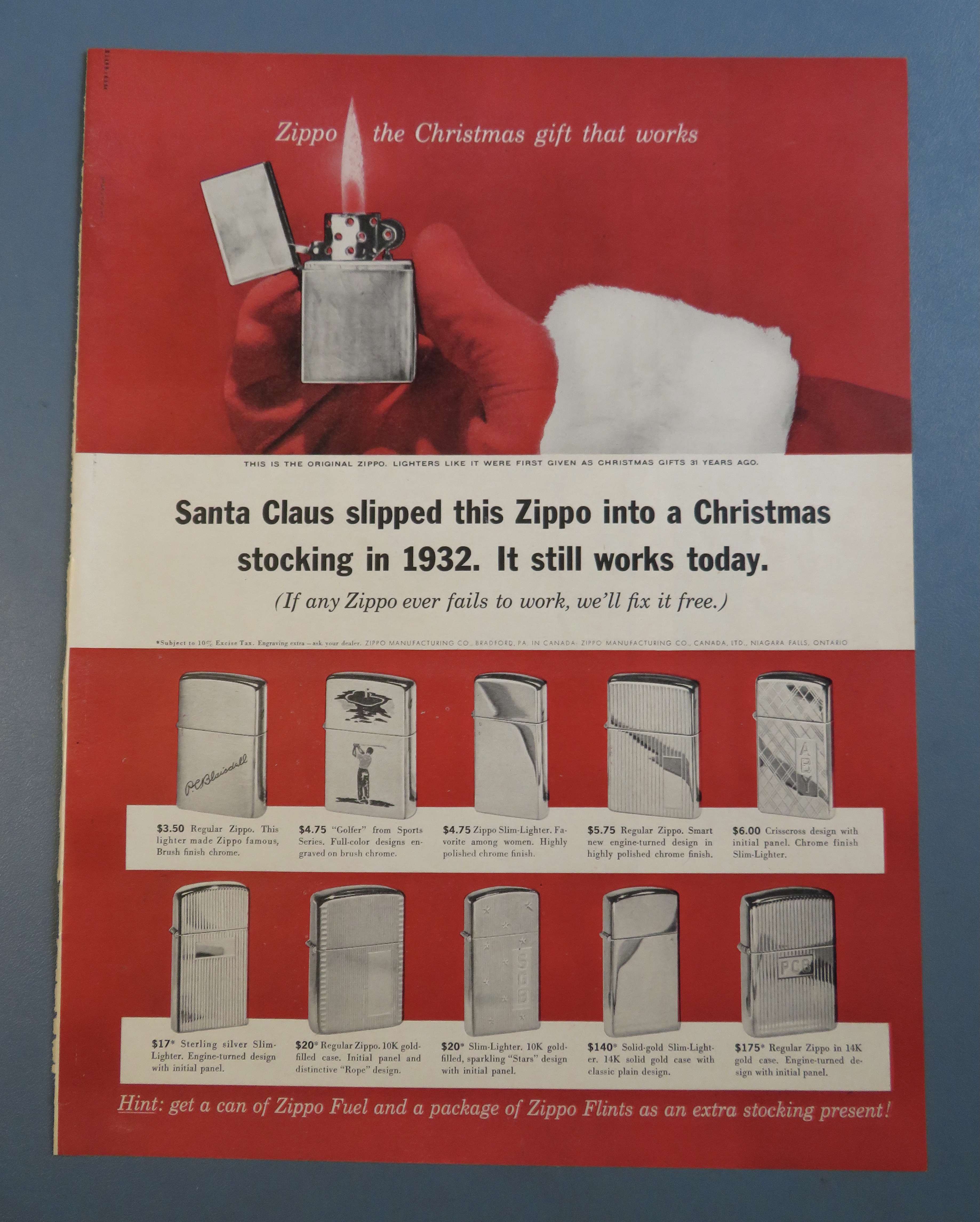 1963 Zippo Lighter w/ Santa Claus' Hand Holding Lighter