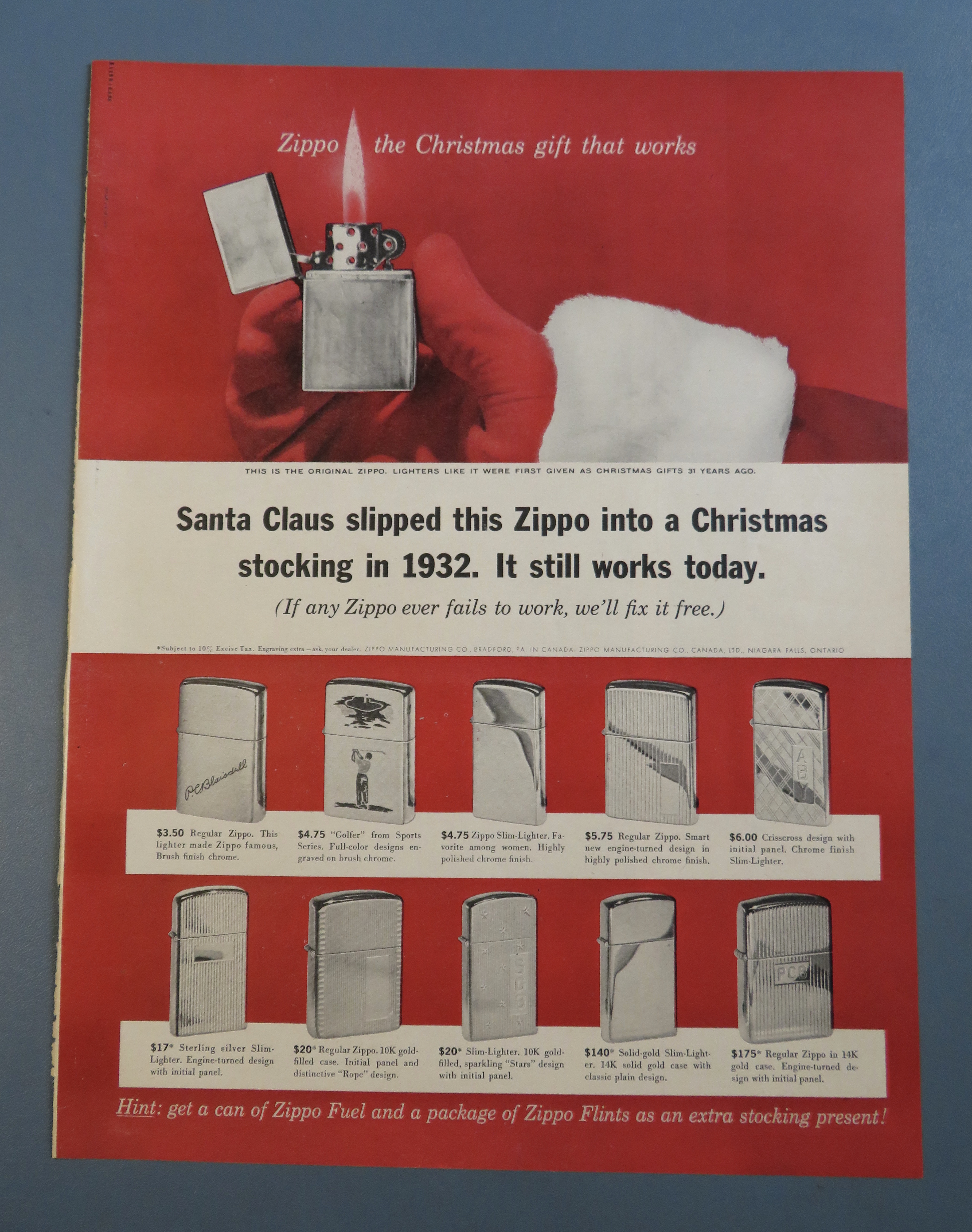1963 Zippo Lighter w/ Santa Claus' Hand Holding Lighter