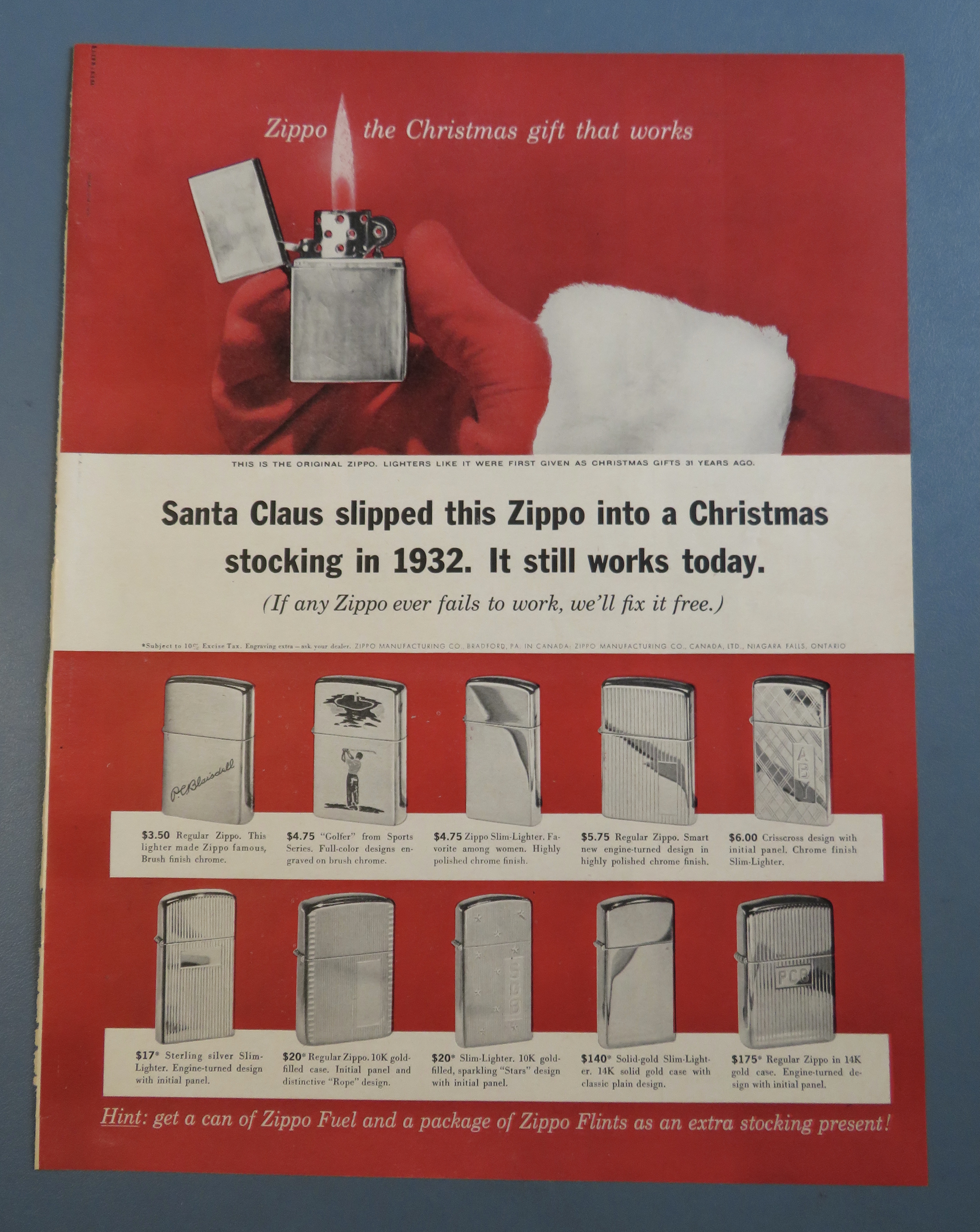 1963 Zippo Lighter w/ Santa Claus' Hand Holding Lighter
