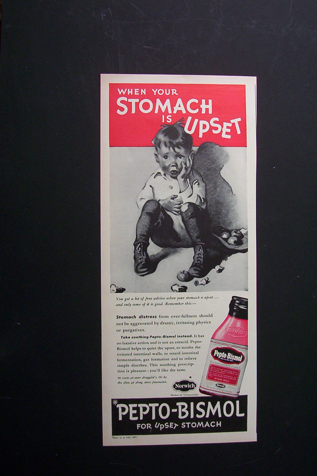 1940 Pepto Bismol with Boy Rubbing His Stomach
