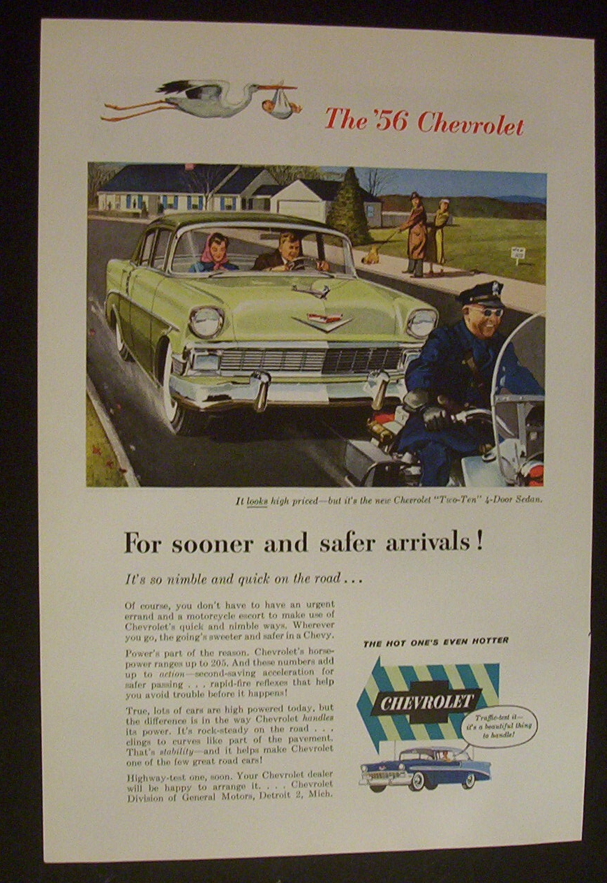 1956 Chevrolet with Couple Getting a Police Escort