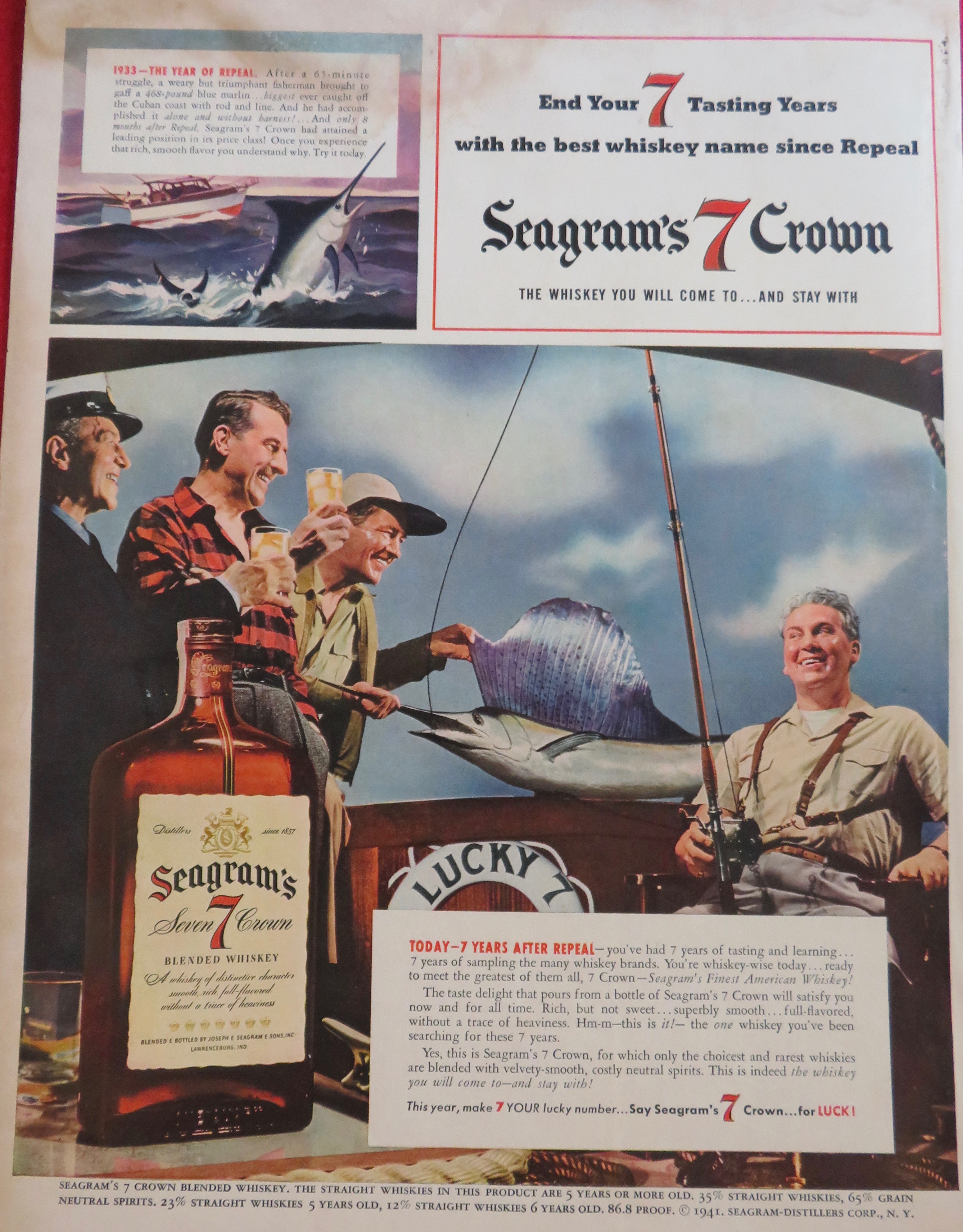 1941 Seagram's 7 Crown with Men Drinking With Big Fish