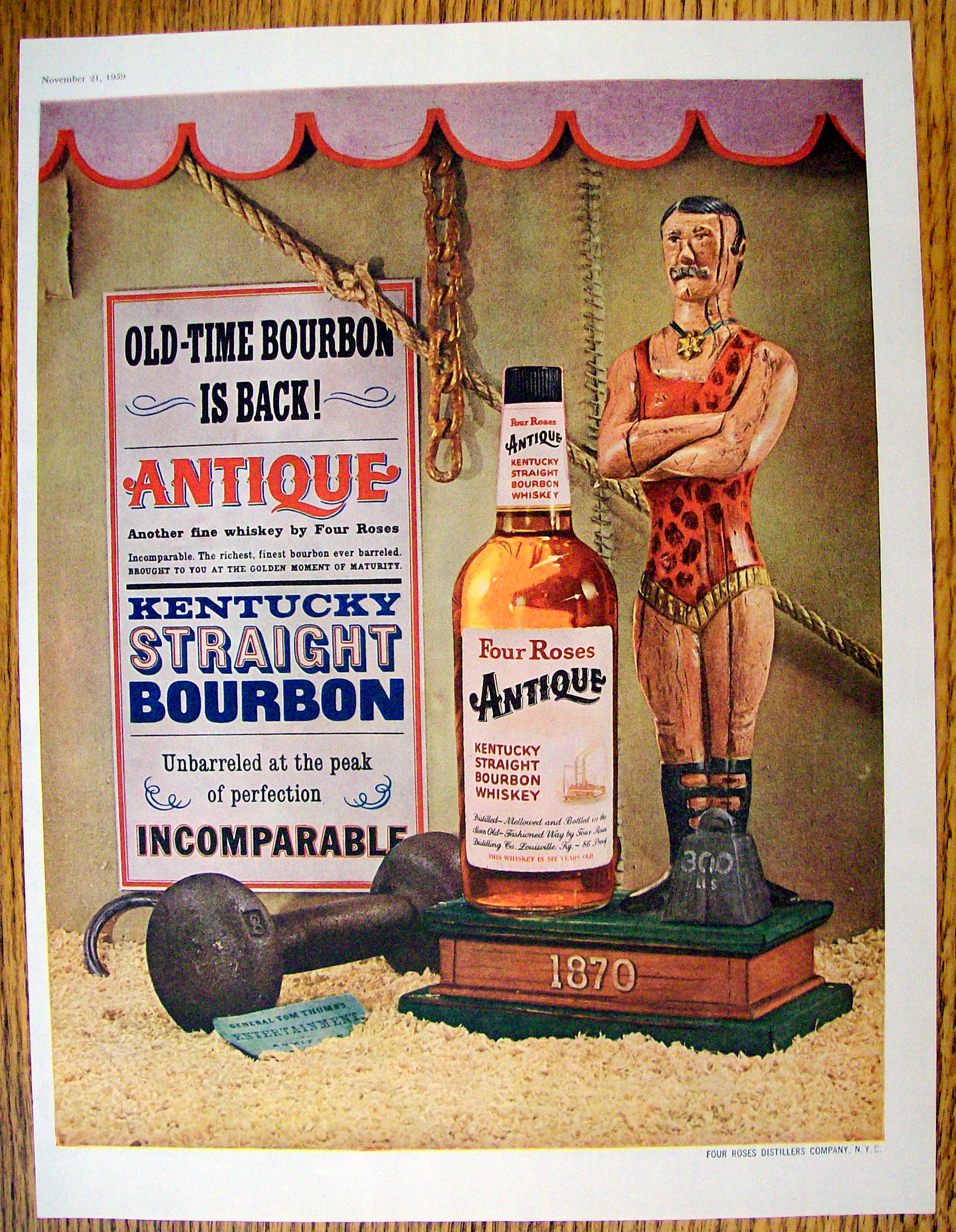 1959 Four Roses Antique Whiskey with Weightlifting Man
