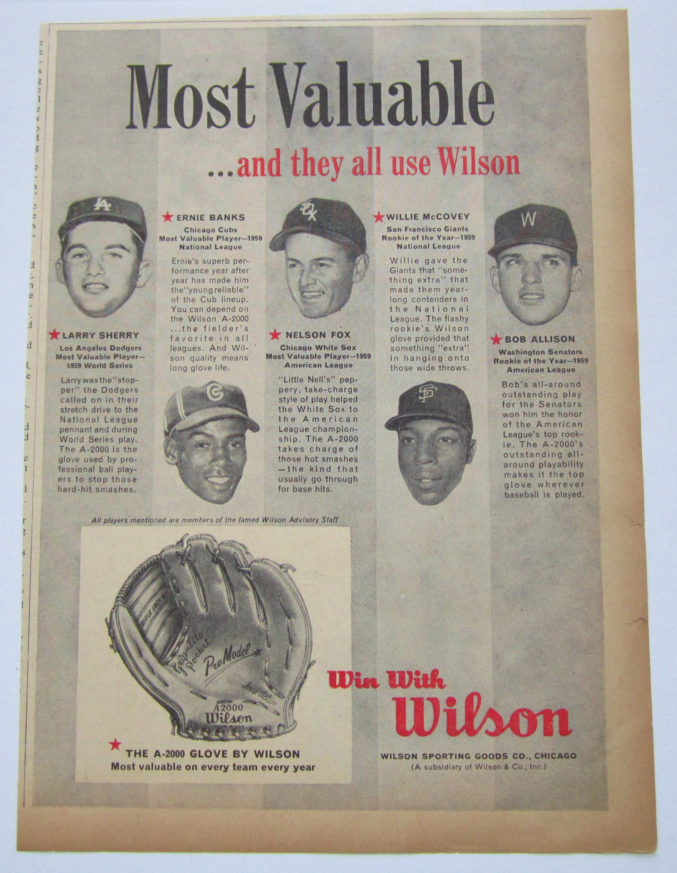 1960 Vintage Wilson A - 2000 Baseball Glove W/ Banks