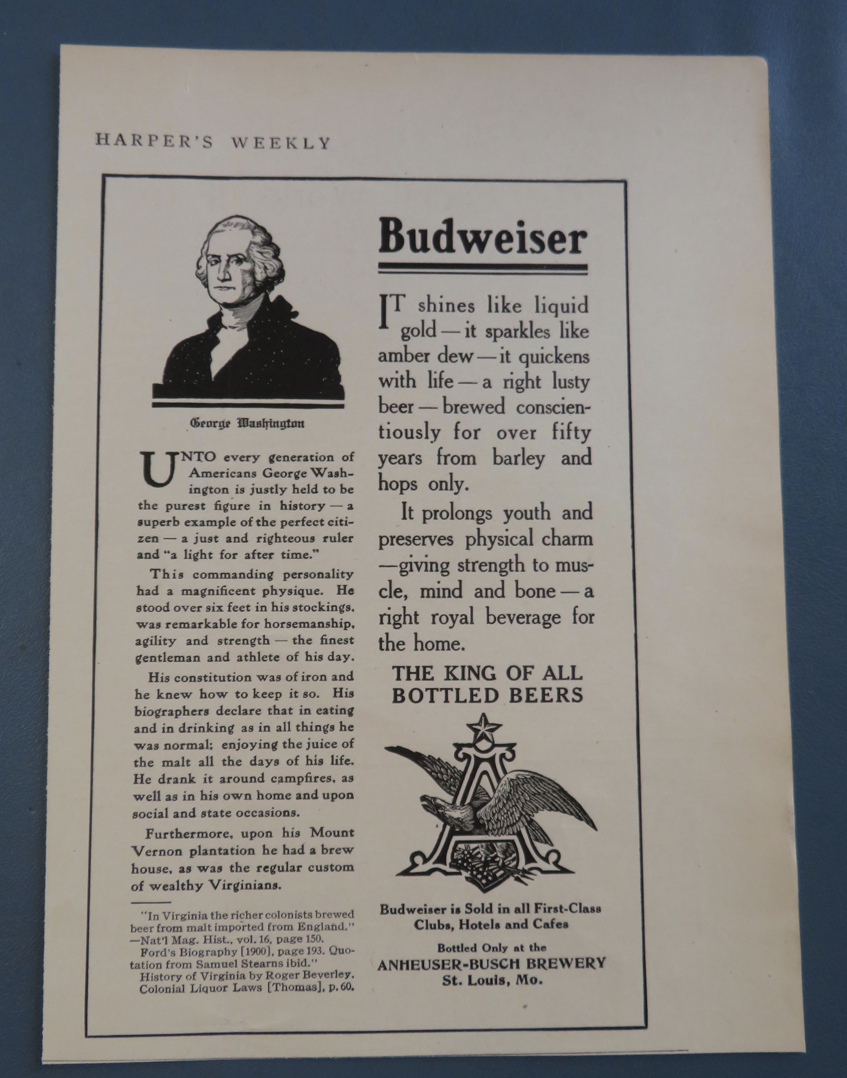 1908 Budweiser Beer with George Washington