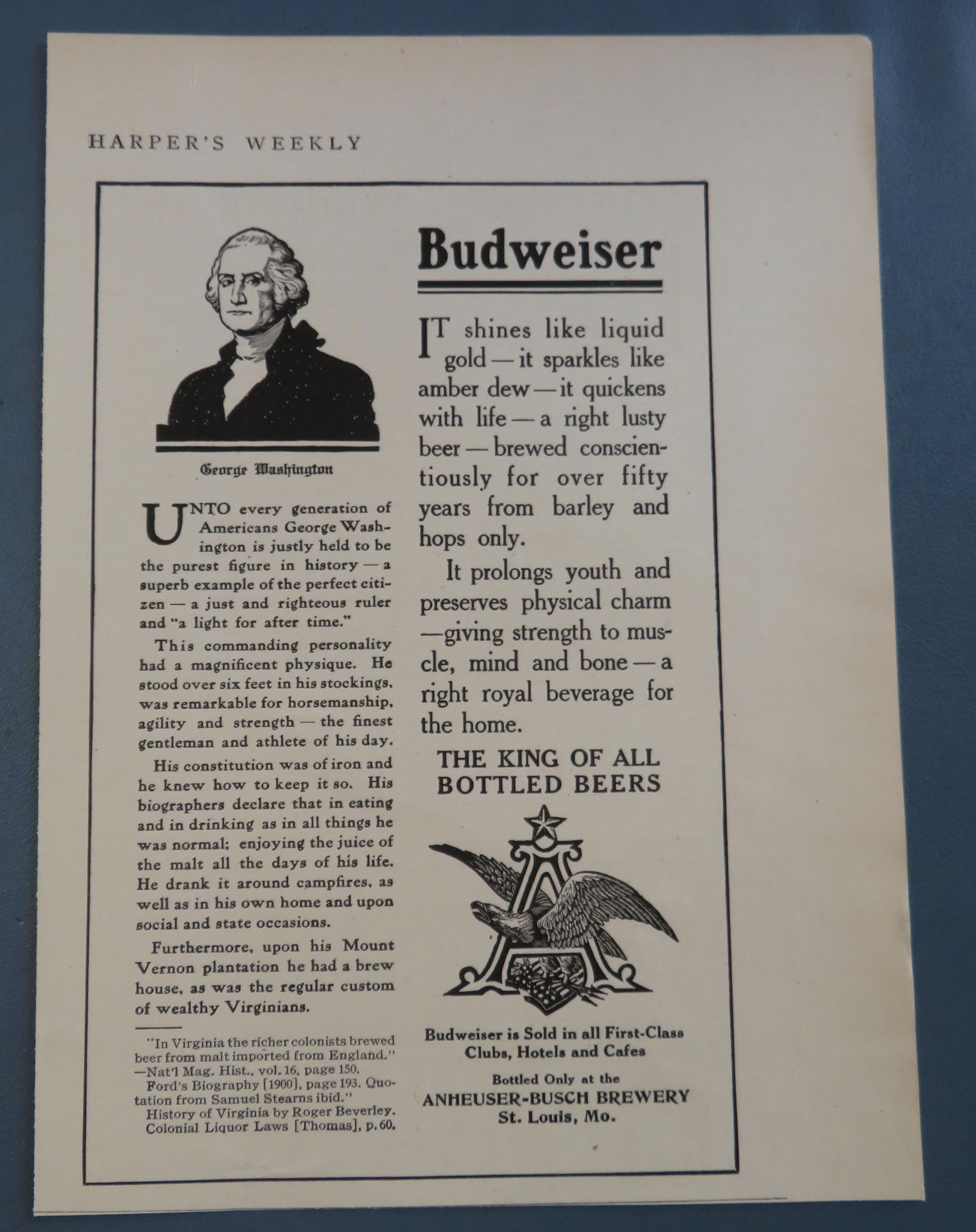 1908 Budweiser Beer with George Washington