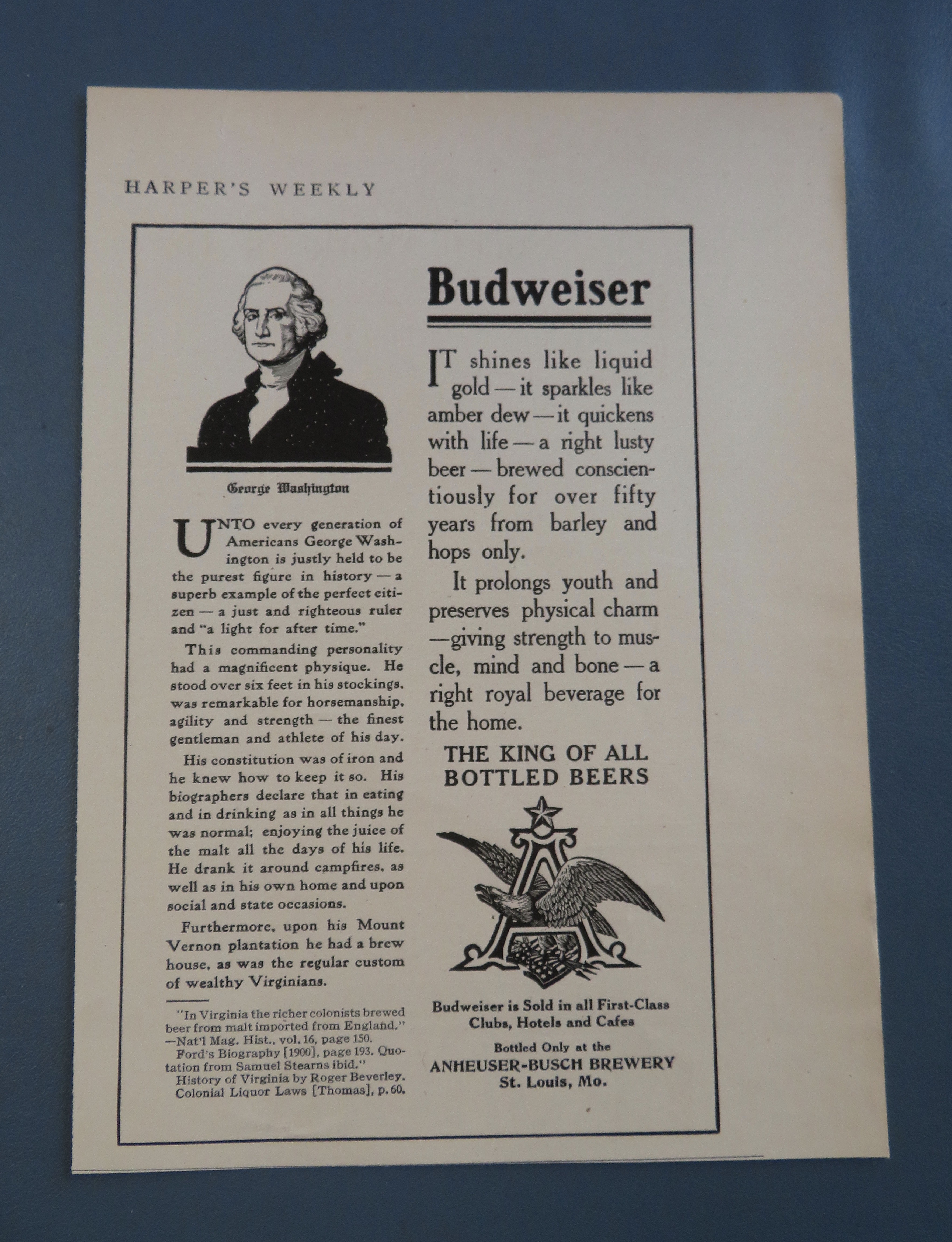 1908 Budweiser Beer with George Washington