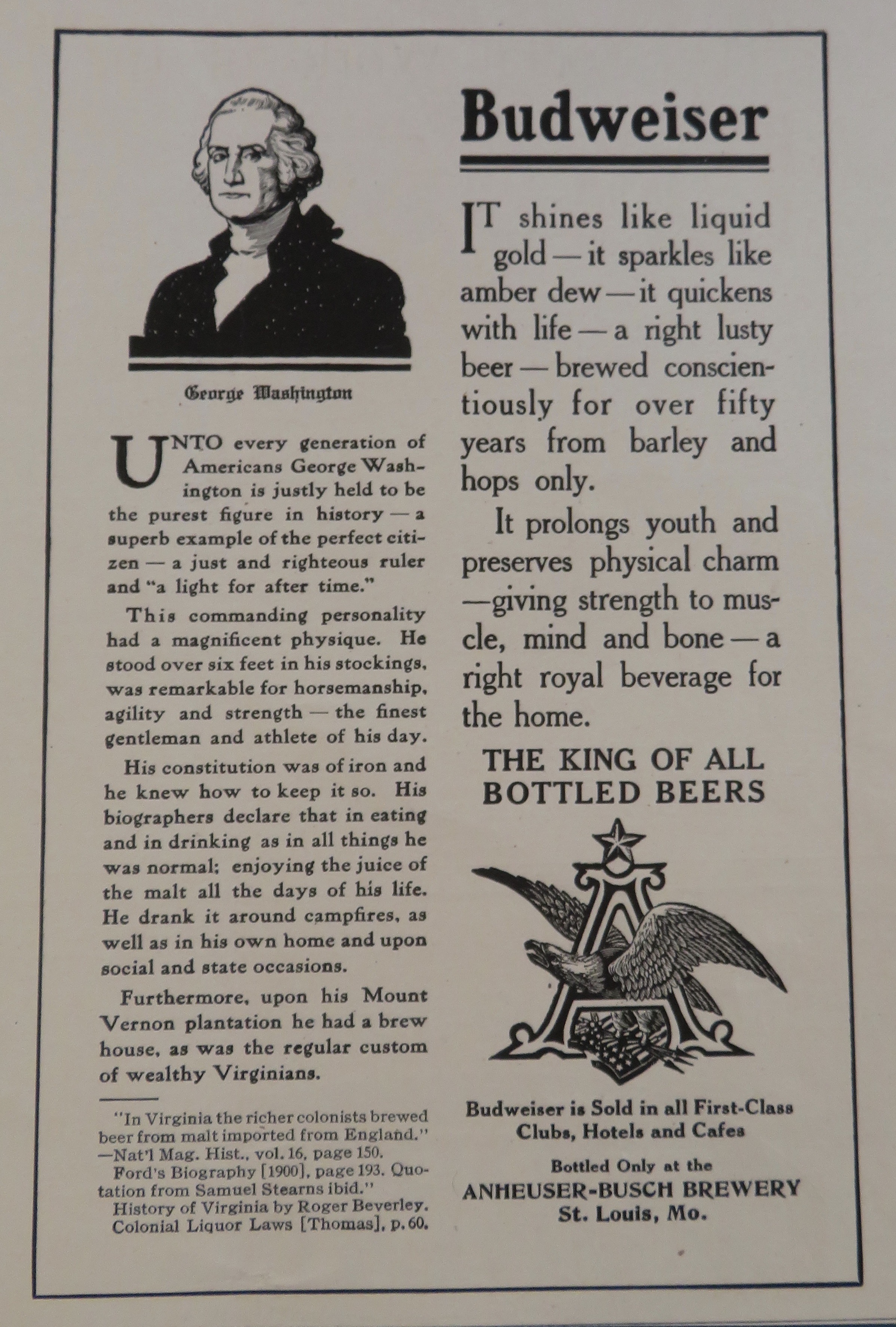 1908 Budweiser Beer with George Washington