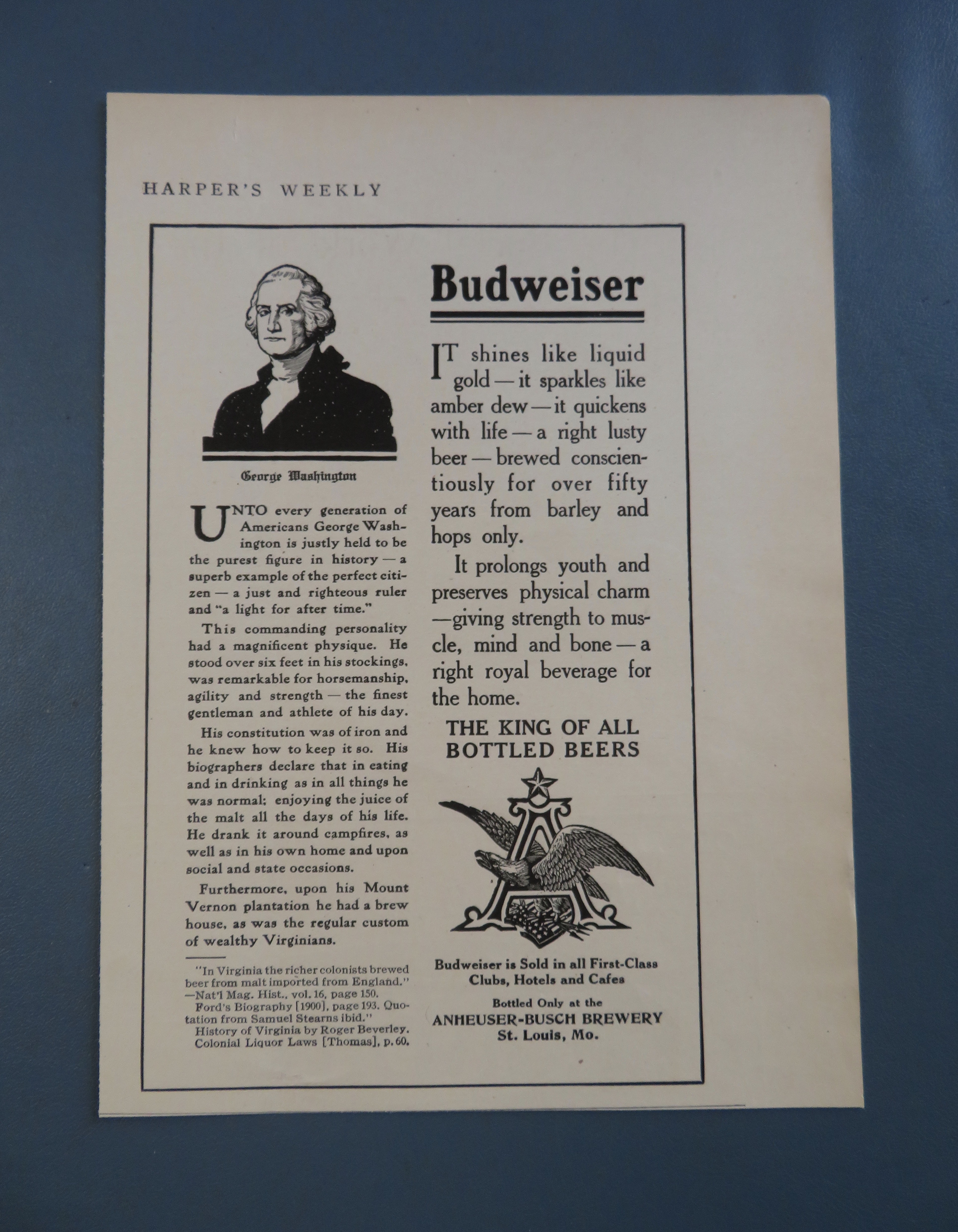 1908 Budweiser Beer with George Washington