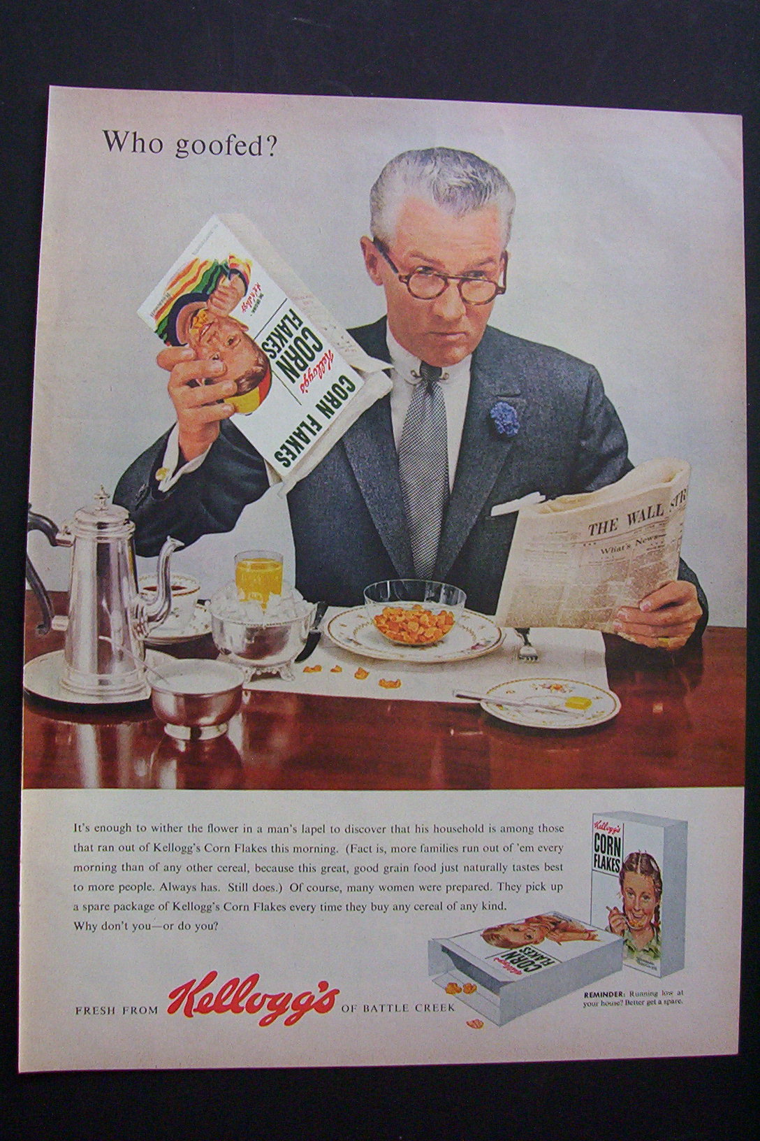 1955 Kellogg Corn Flakes w/Man & Empty Box By Rockwell